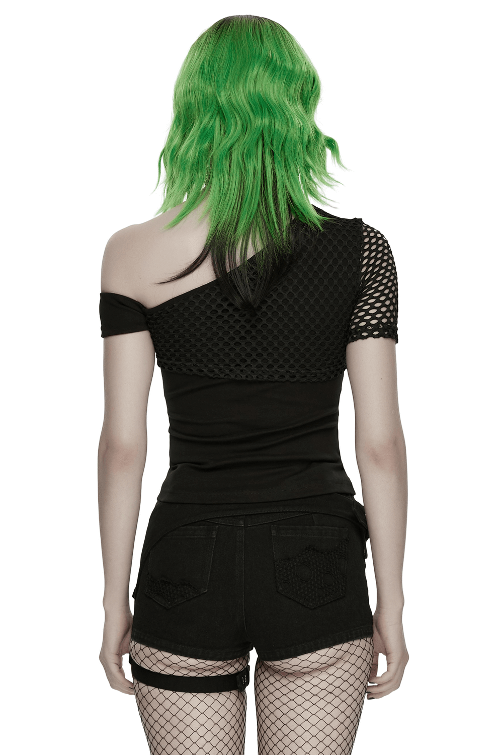 Back view of the Mesh Punk Slant Shoulder Top with Metal Eyelets and Details showcasing mesh accents and slant design.