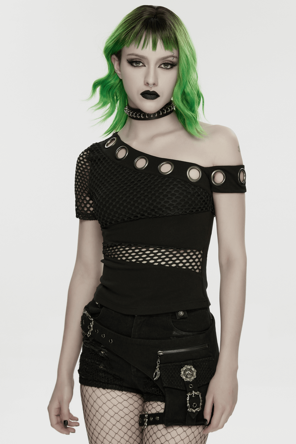Mesh Punk Slant Shoulder Top with Metal Eyelets and Details - Edgy style with unique mesh accents and bold design.