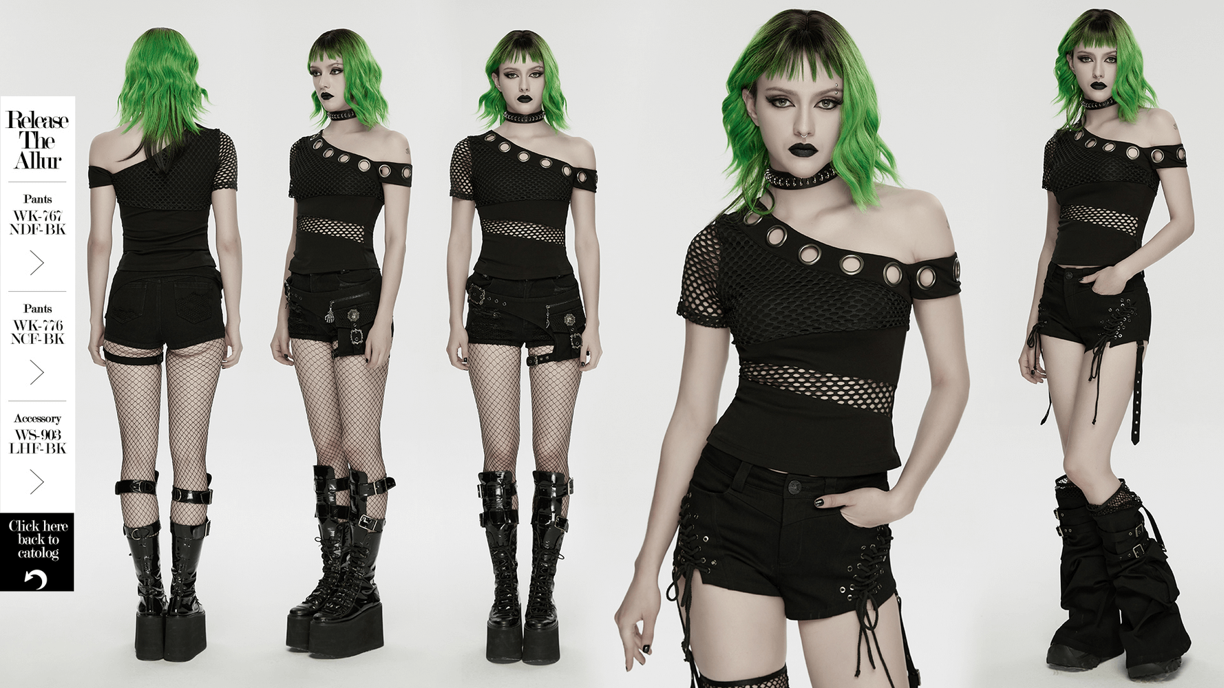 Mesh Punk Slant Shoulder Top with Metal Eyelets and Details showcased on a model with green hair.