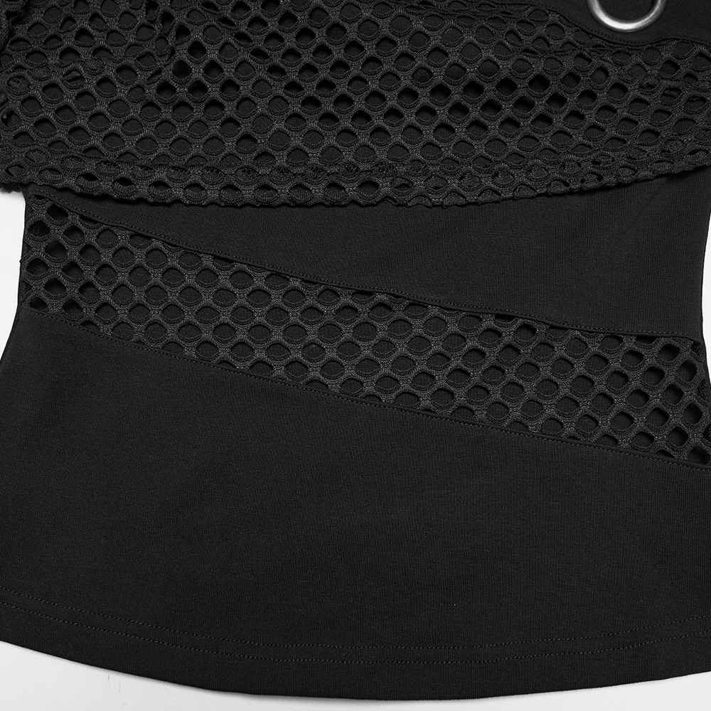 Mesh Punk Slant Shoulder Top with Metal Eyelets and Details showcasing unique mesh patterns and slant shoulder design.