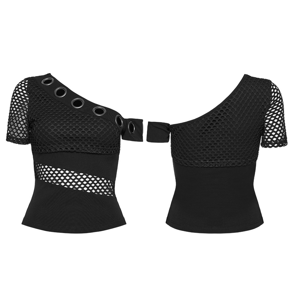 Mesh Punk Slant Shoulder Top with Metal Eyelets and Details - Edgy black top with mesh design and slant shoulder.