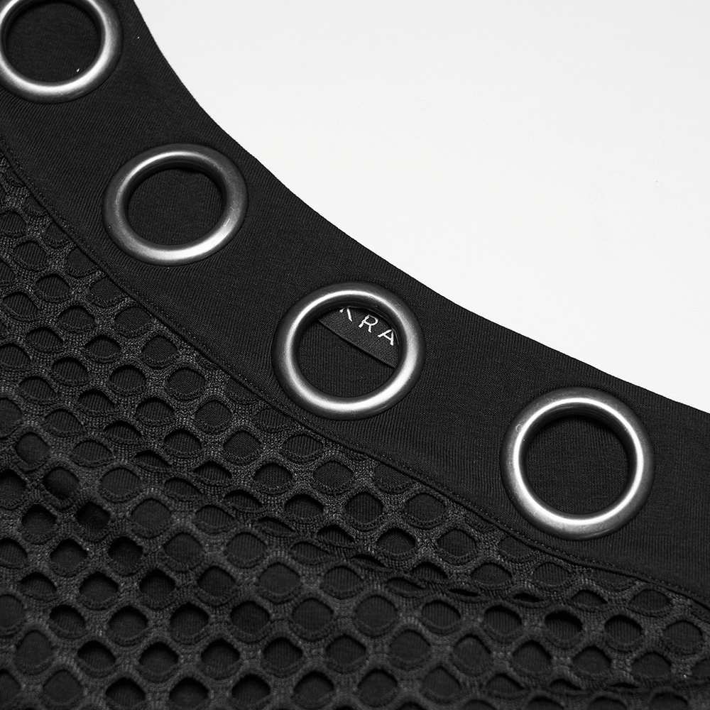 Mesh Punk Slant Shoulder Top with Metal Eyelets and Details close-up showcasing metal eyelets and mesh design.