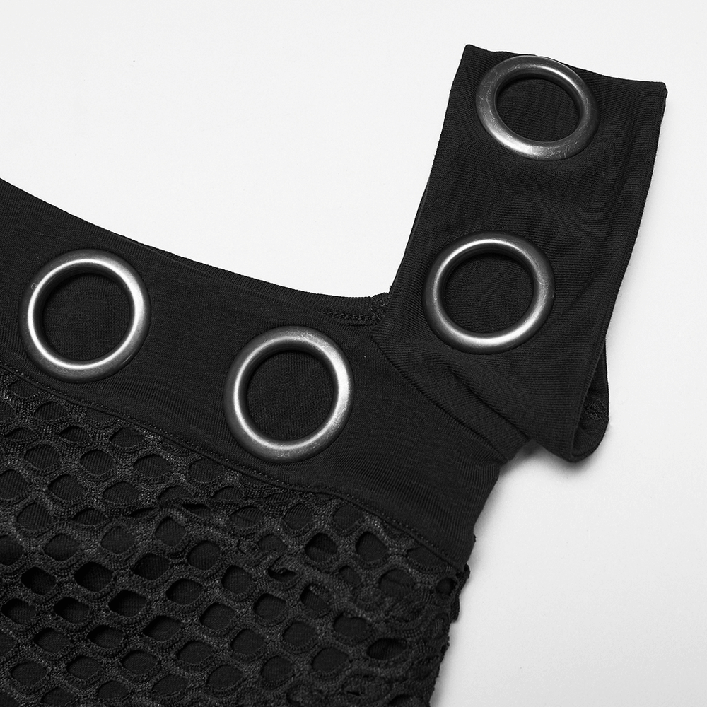 Mesh Punk Slant Shoulder Top with Metal Eyelets and Details featuring unique mesh and eyelet accents.