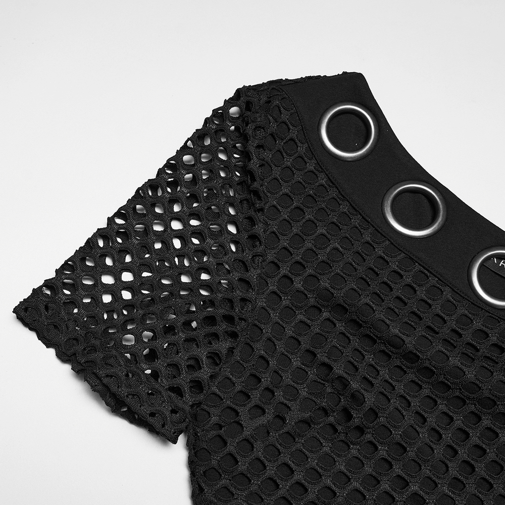 Mesh Punk Slant Shoulder Top with Metal Eyelets and Details - close-up of mesh and metal eyelets design