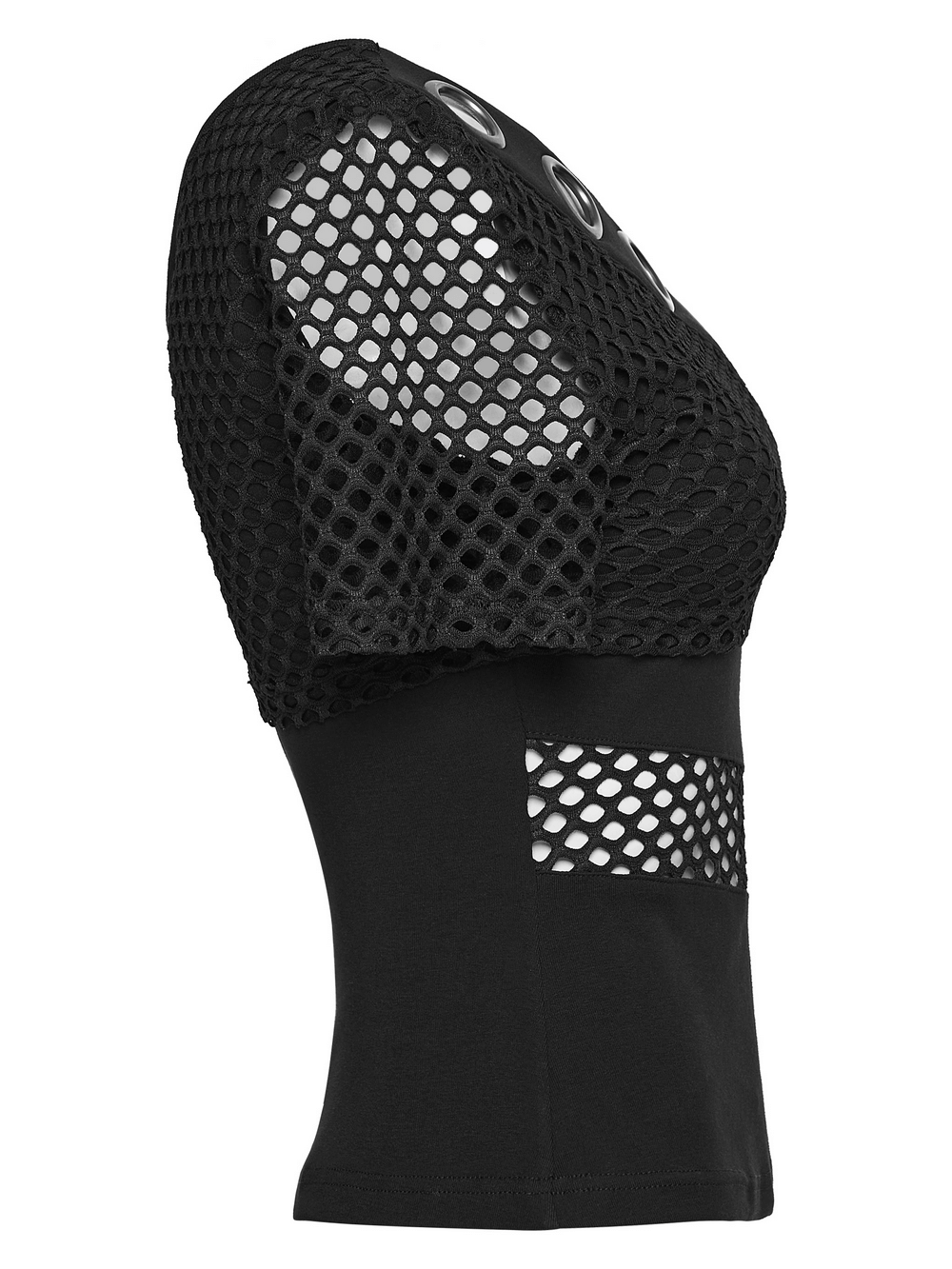 Mesh Punk Slant Shoulder Top with Metal Eyelets and Details, showcasing mesh accents and bold design.