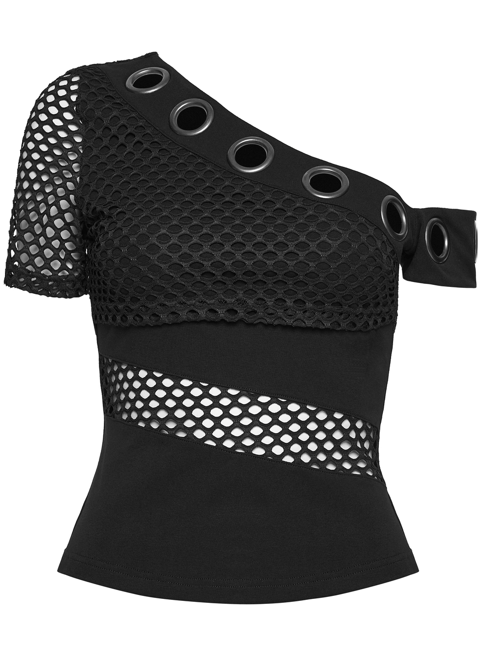 Mesh Punk Slant Shoulder Top with Metal Eyelets and Details - edgy one-shoulder design with mesh and metal accents.