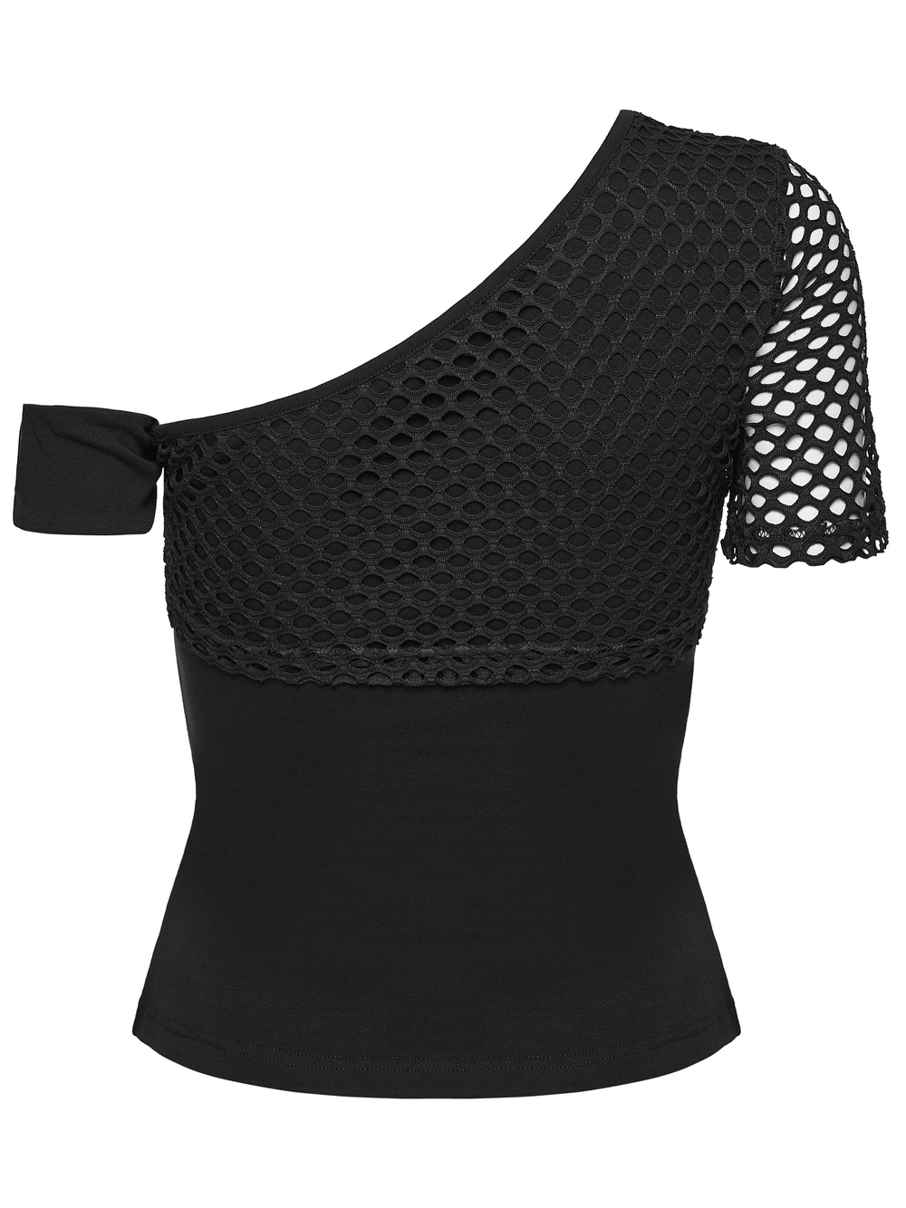 Mesh Punk Slant Shoulder Top with Metal Eyelets and Details in black with a unique mesh design and slant shoulder.