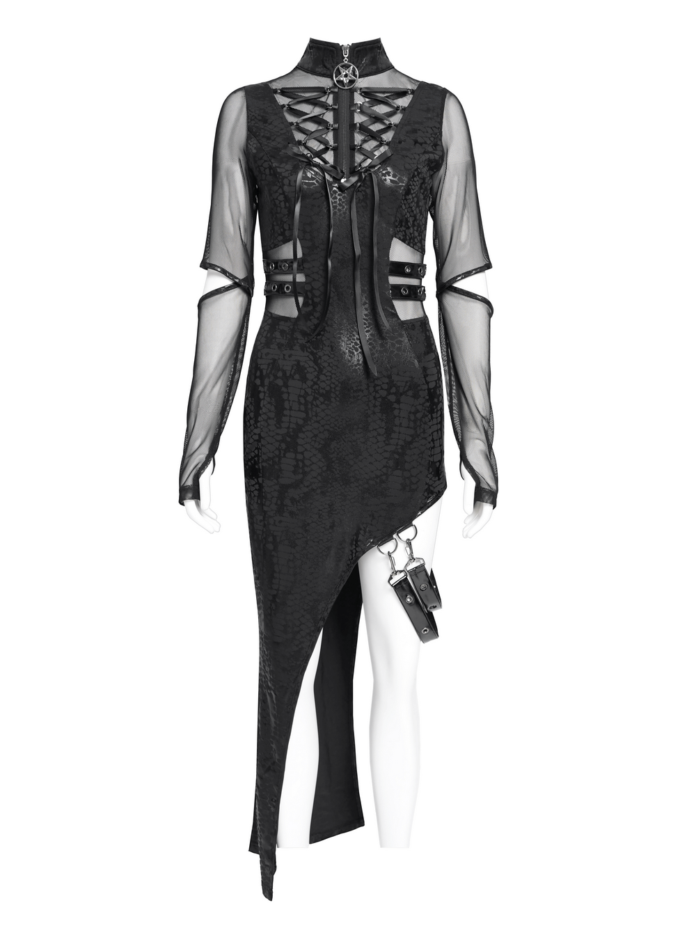 Asymmetrical black mesh sleeved dress with lace-up front, faux leather straps and pentagram zipper detail.