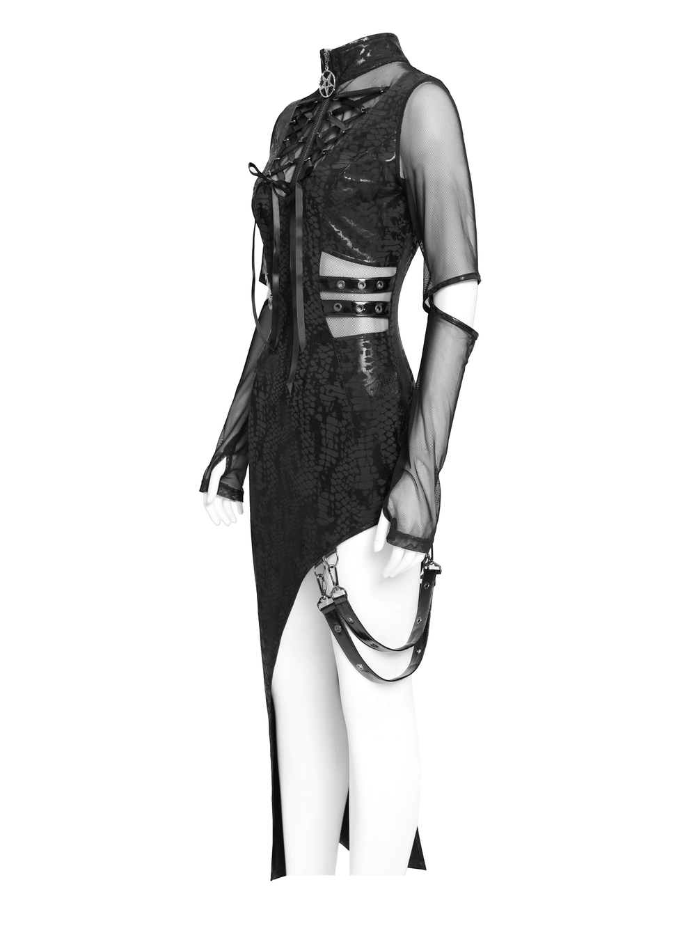 Asymmetrical gothic dress with sheer mesh sleeves, lace-up detail, and edgy buckle accents, perfect for alt fashion.