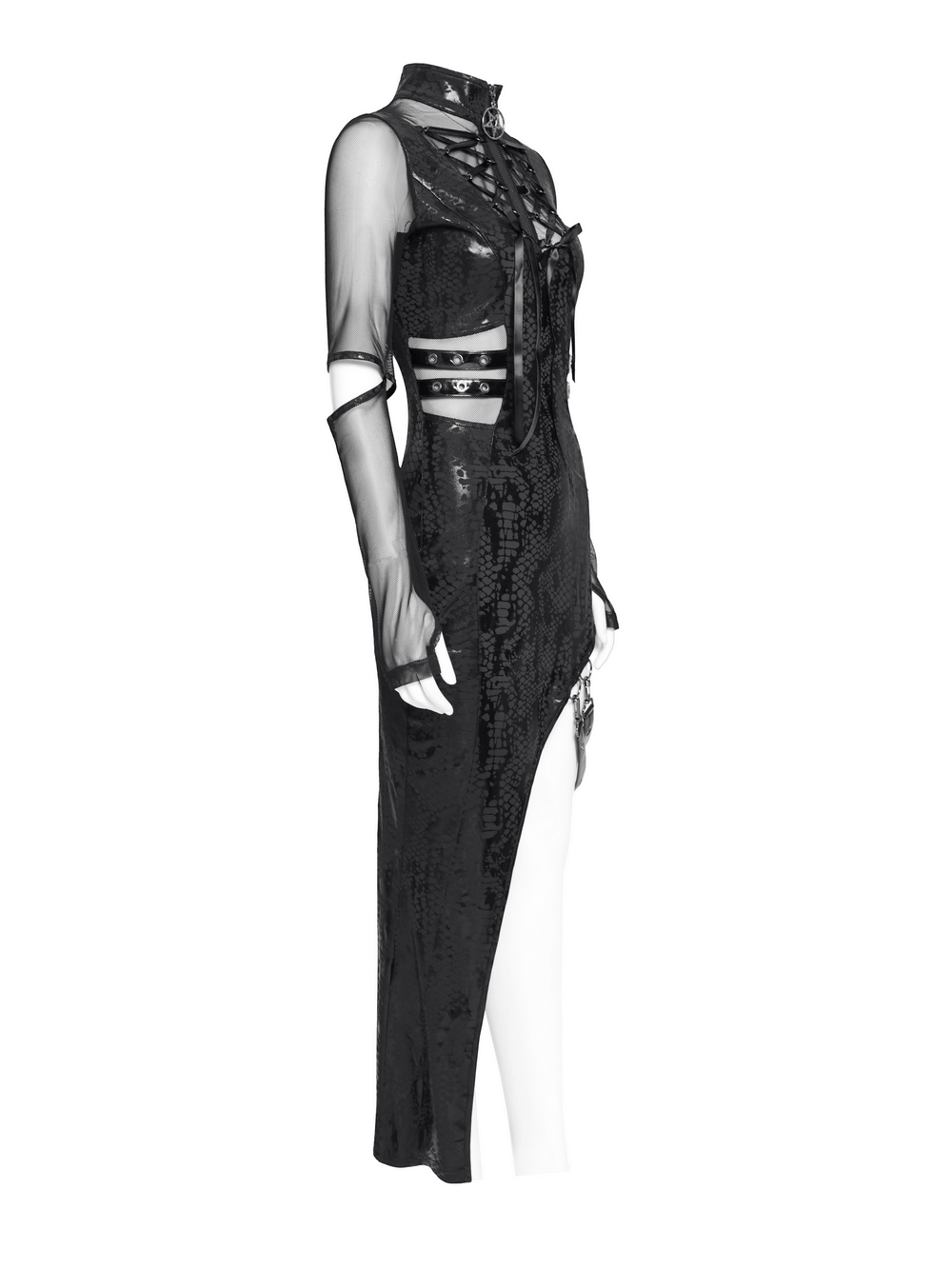 Asymmetrical black bodycon dress with sheer mesh sleeves, lace-up detail, and edgy buckle accents.