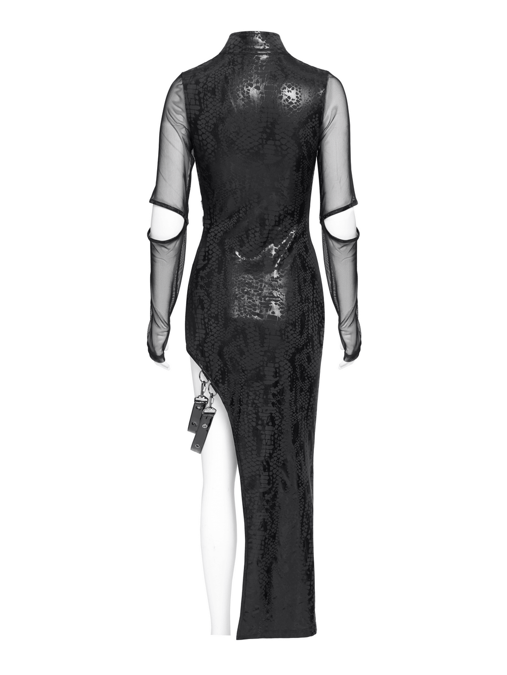 Back view of a gothic asymmetrical dress with sheer mesh sleeves and snake-textured fabric, showcasing high slit and buckle detail.