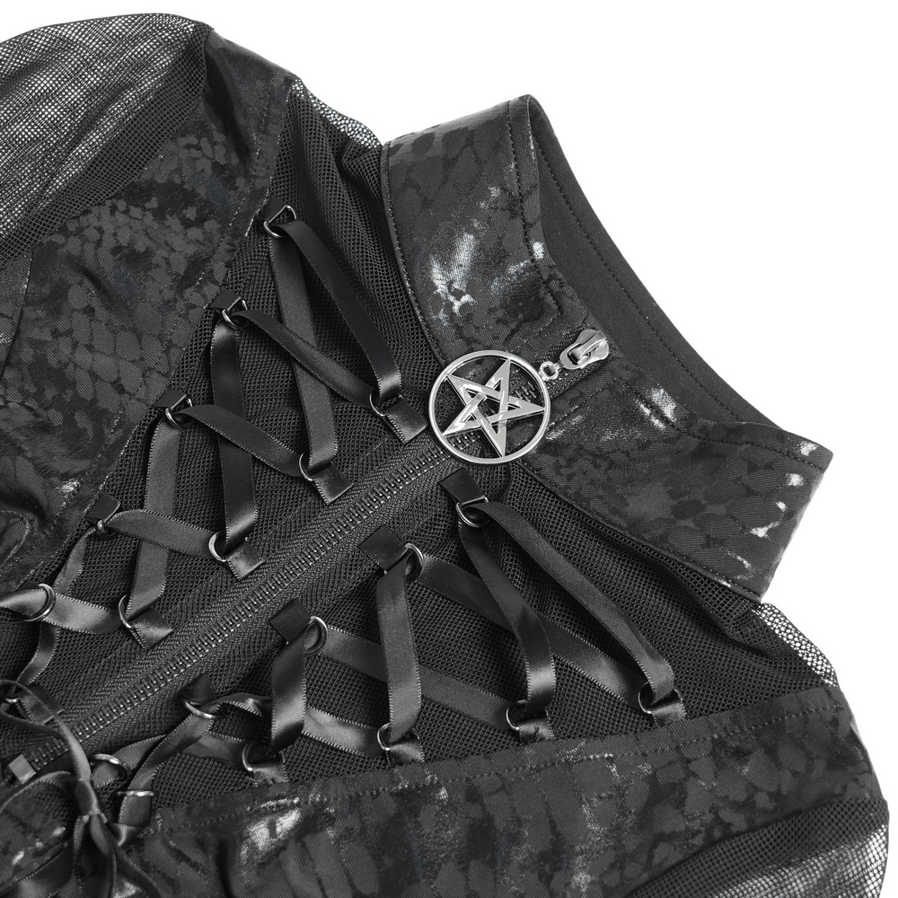 Close-up of a gothic dress with snake-textured fabric, lace-up detail, and pentagram zipper pull.