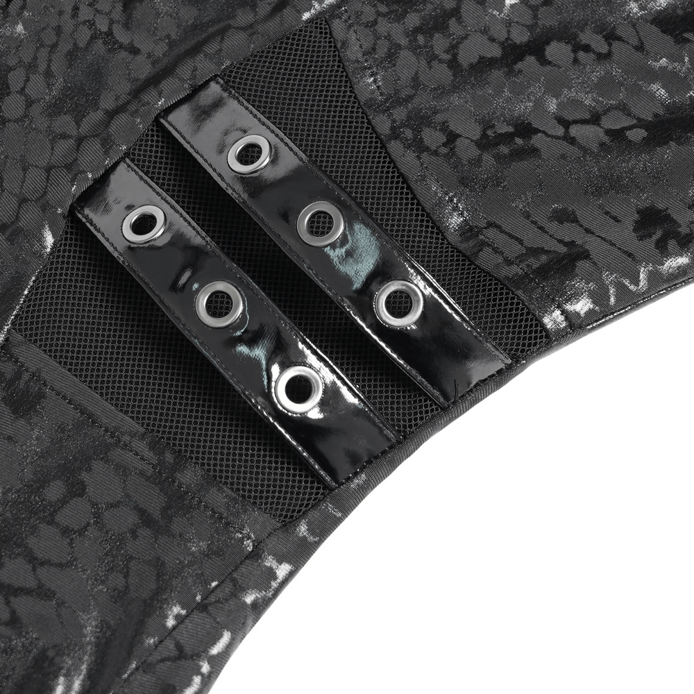 Close-up of snake-textured fabric with faux leather straps and eye-catching buckle detail for gothic dress.