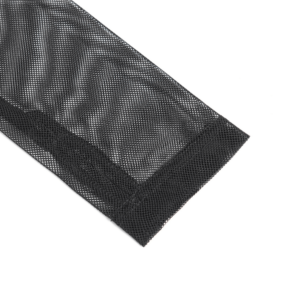 Close-up view of sheer black mesh fabric, perfect for stylish clothing accents like sleeves and edgy designs.