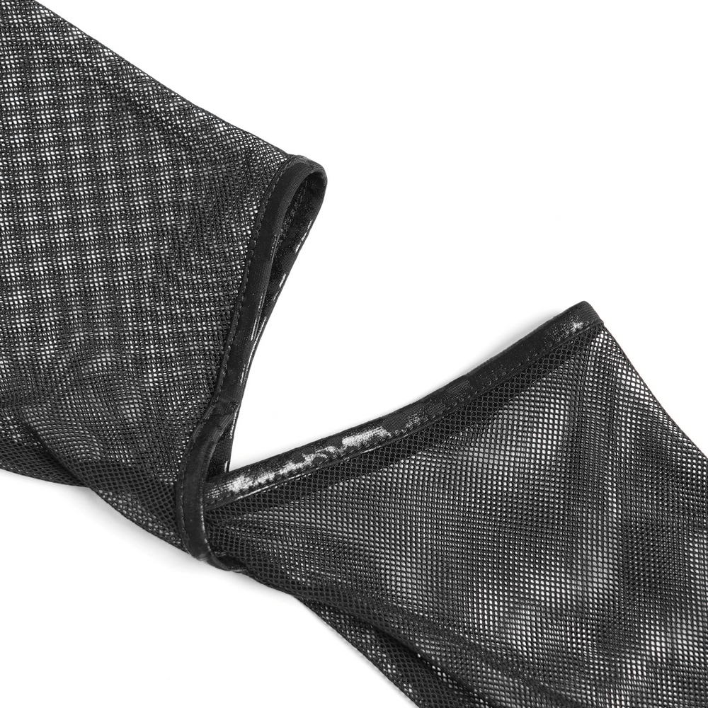 Close-up of black sheer mesh sleeve with textured fabric, showcasing a gothic fashion design.