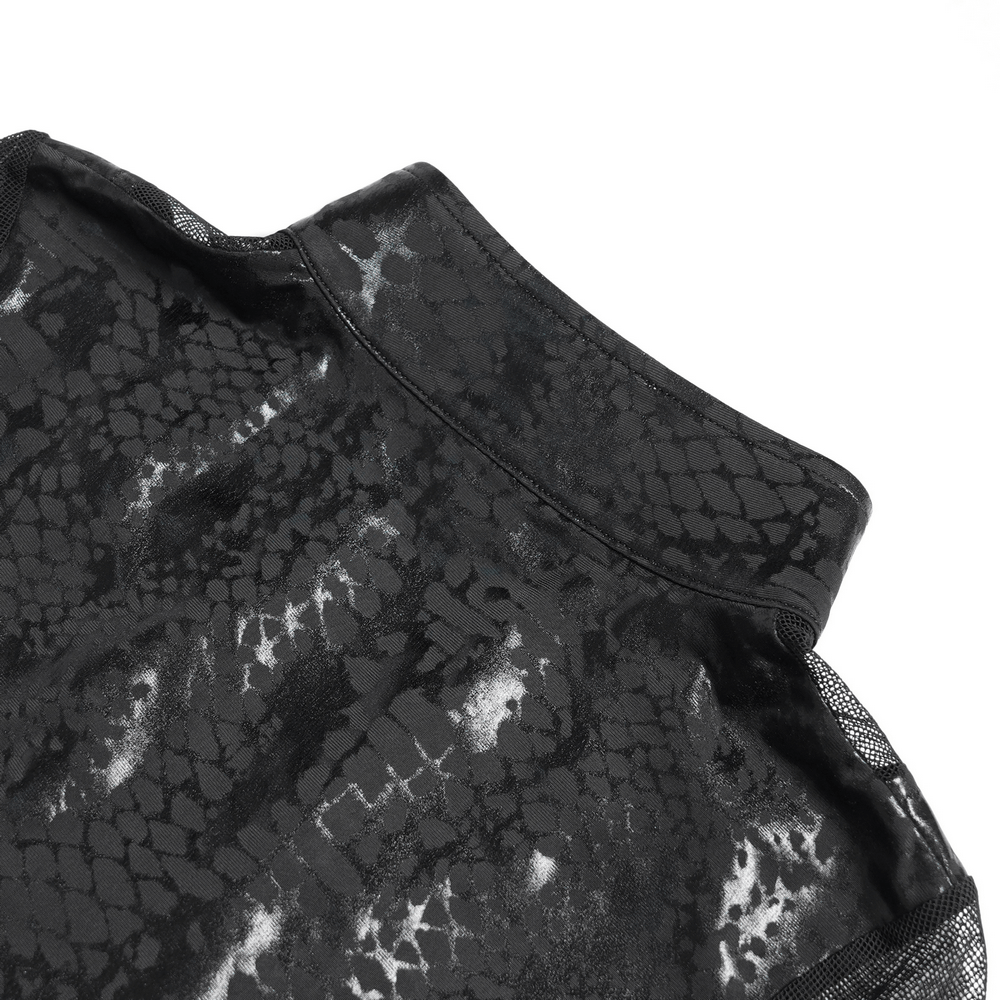 Close-up of snake-textured mesh sleeve detail on an asymmetrical dress, showcasing edgy style and gothic aesthetic.
