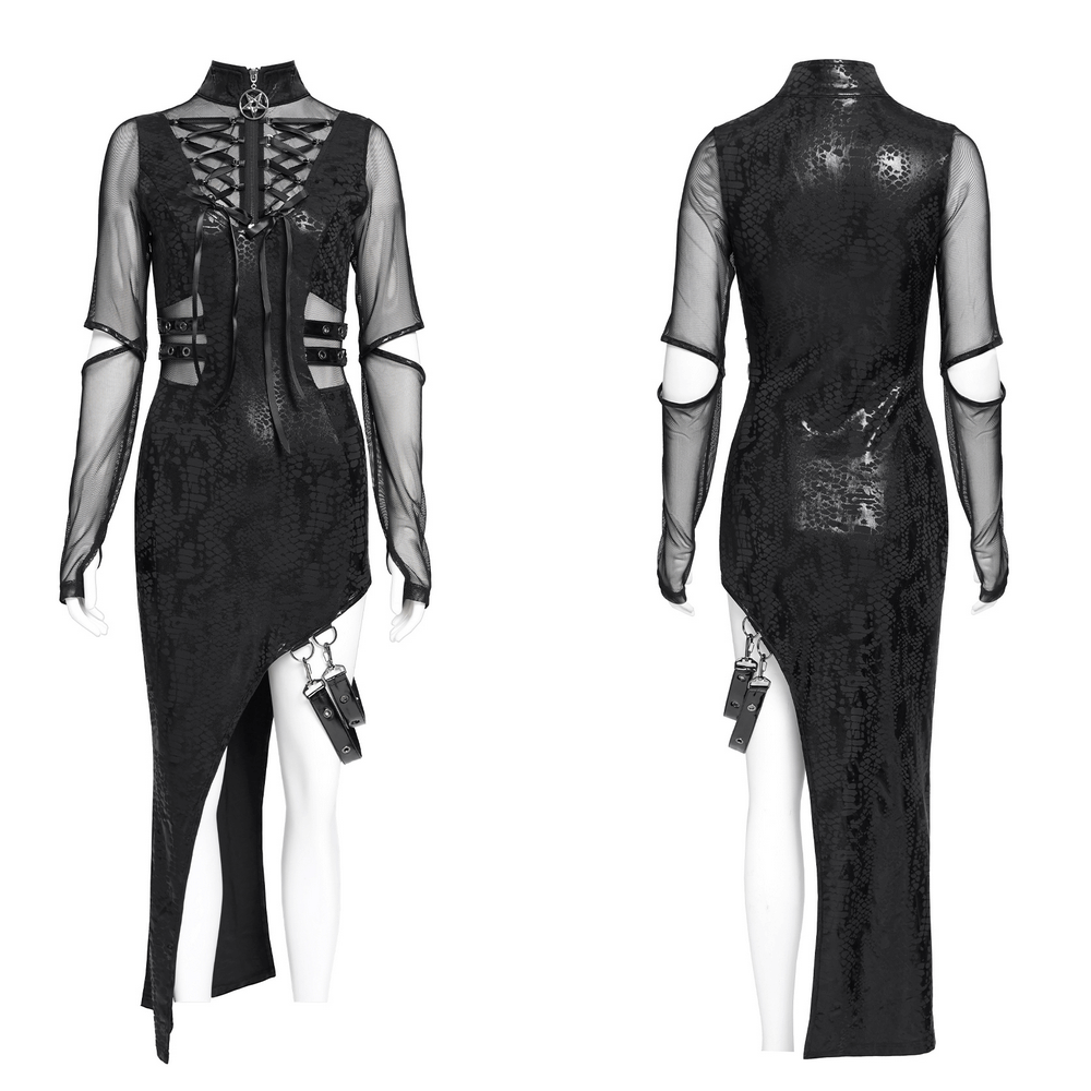 Gothic asymmetrical dress with sheer mesh sleeves, lace-up front, faux leather, and snake-textured fabric.