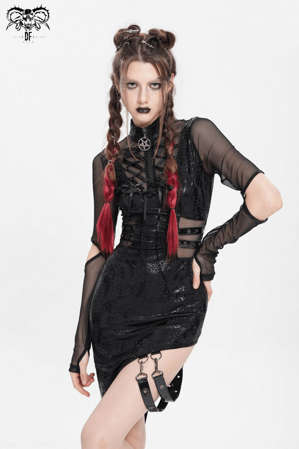 Gothic asymmetrical dress with sheer mesh sleeves, lace-up detail, and edgy buckle accents.
