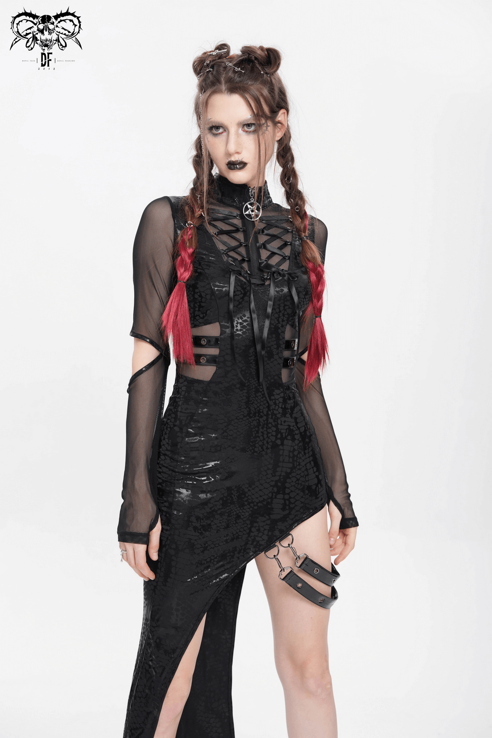 Gothic mesh sleeved asymmetrical dress featuring lace-up detail, faux leather straps, and a high slit.