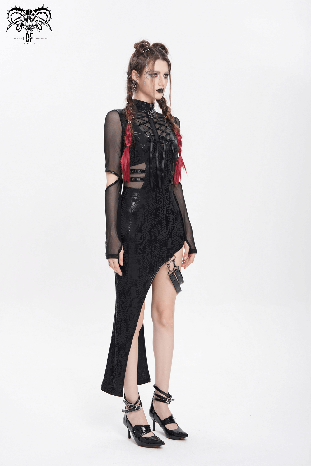Gothic mesh-sleeved asymmetrical dress with lace-up detail, buckles, and high slit for an edgy look.