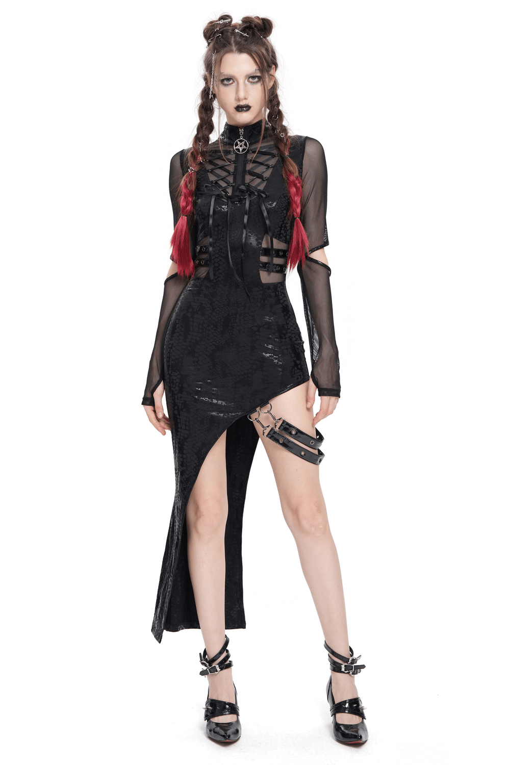 Gothic asymmetrical dress with mesh sleeves, lace-up front, faux leather straps, and high slit for an edgy, bold look.