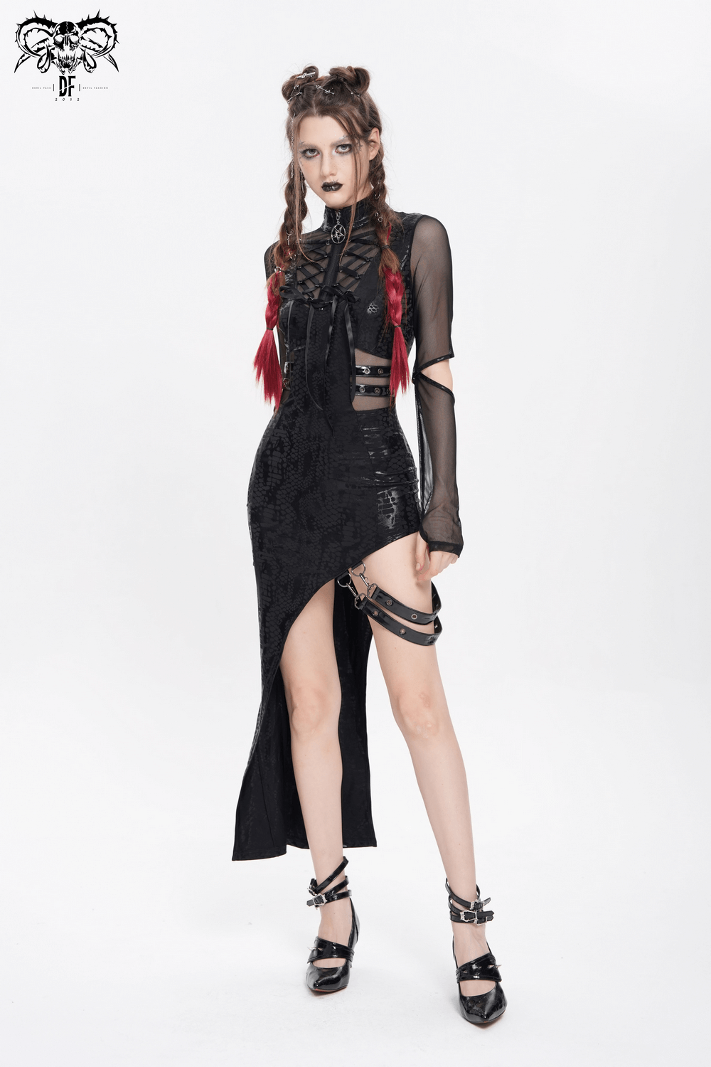 Gothic mesh-sleeved asymmetrical dress featuring lace-up detail, buckles, and a high slit for a bold look.