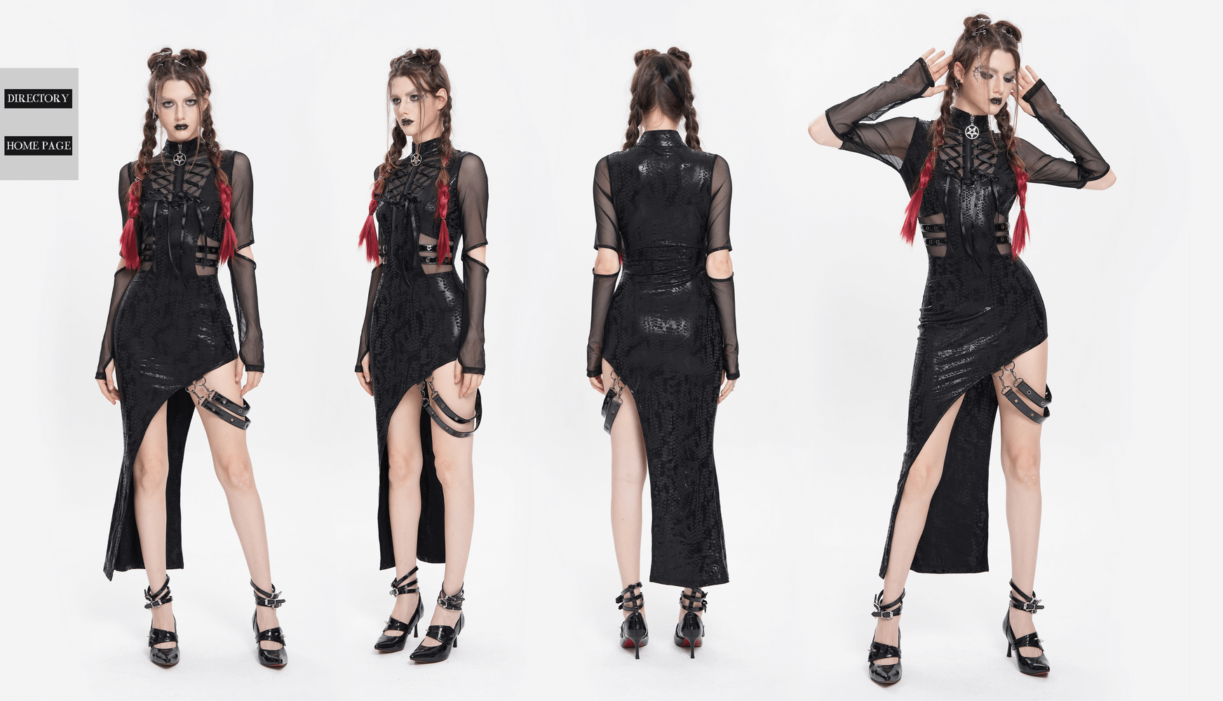 Gothic mesh-sleeved asymmetrical black dress with buckles, high slit, and lace-up detail. Perfect for edgy fashion.