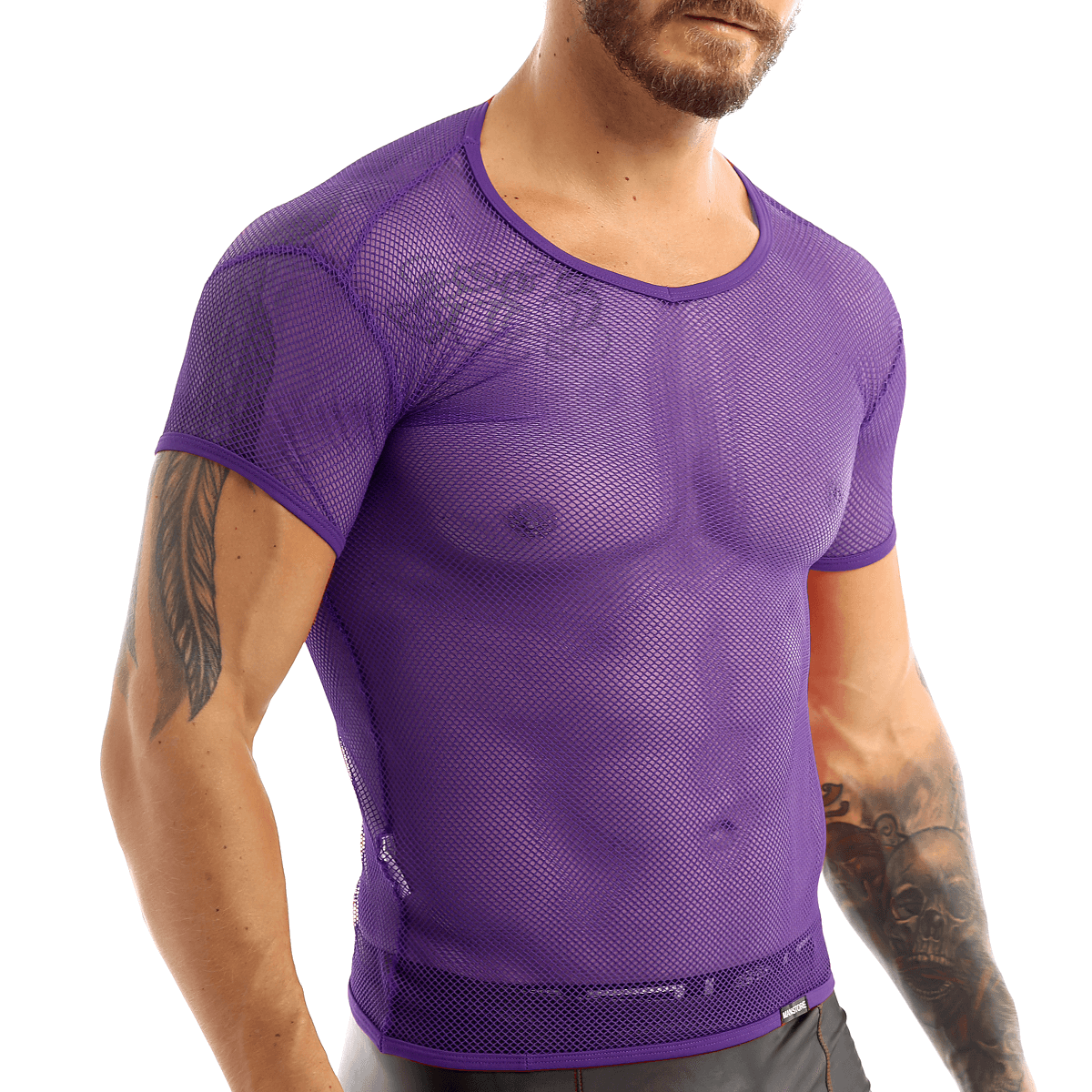 Men's purple mesh fishnet t-shirt vest, breathable and stylish for casual wear in hot weather.