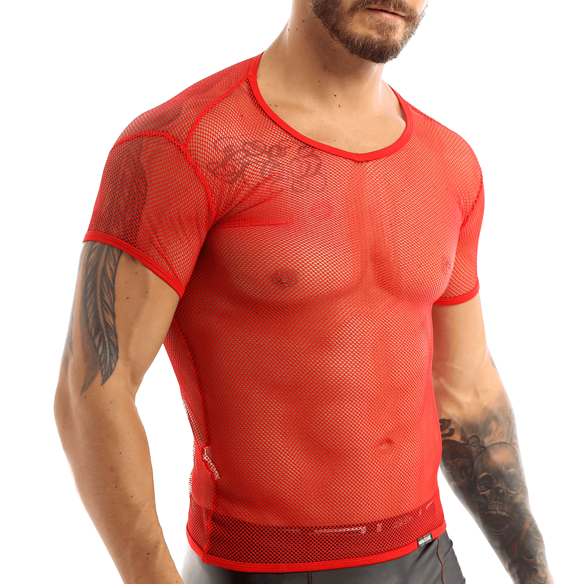 Stylish red mesh t-shirt for men, showcasing a breathable fishnet design, perfect for casual and hot weather.
