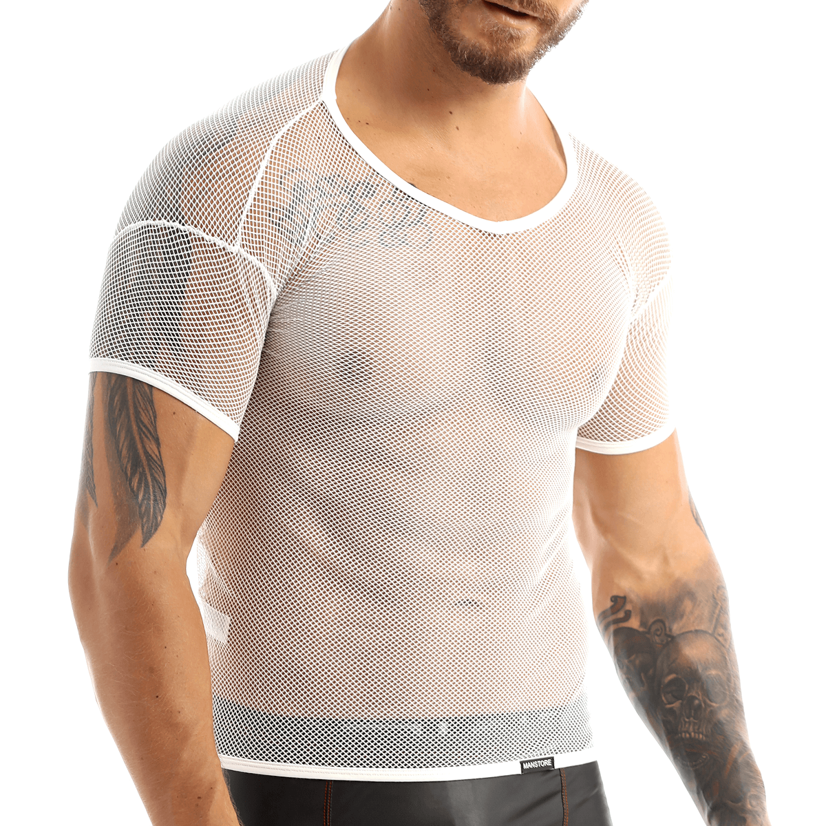 Stylish mesh t-shirt for men, breathable fishnet vest, perfect for casual summer wear and alternative fashion.