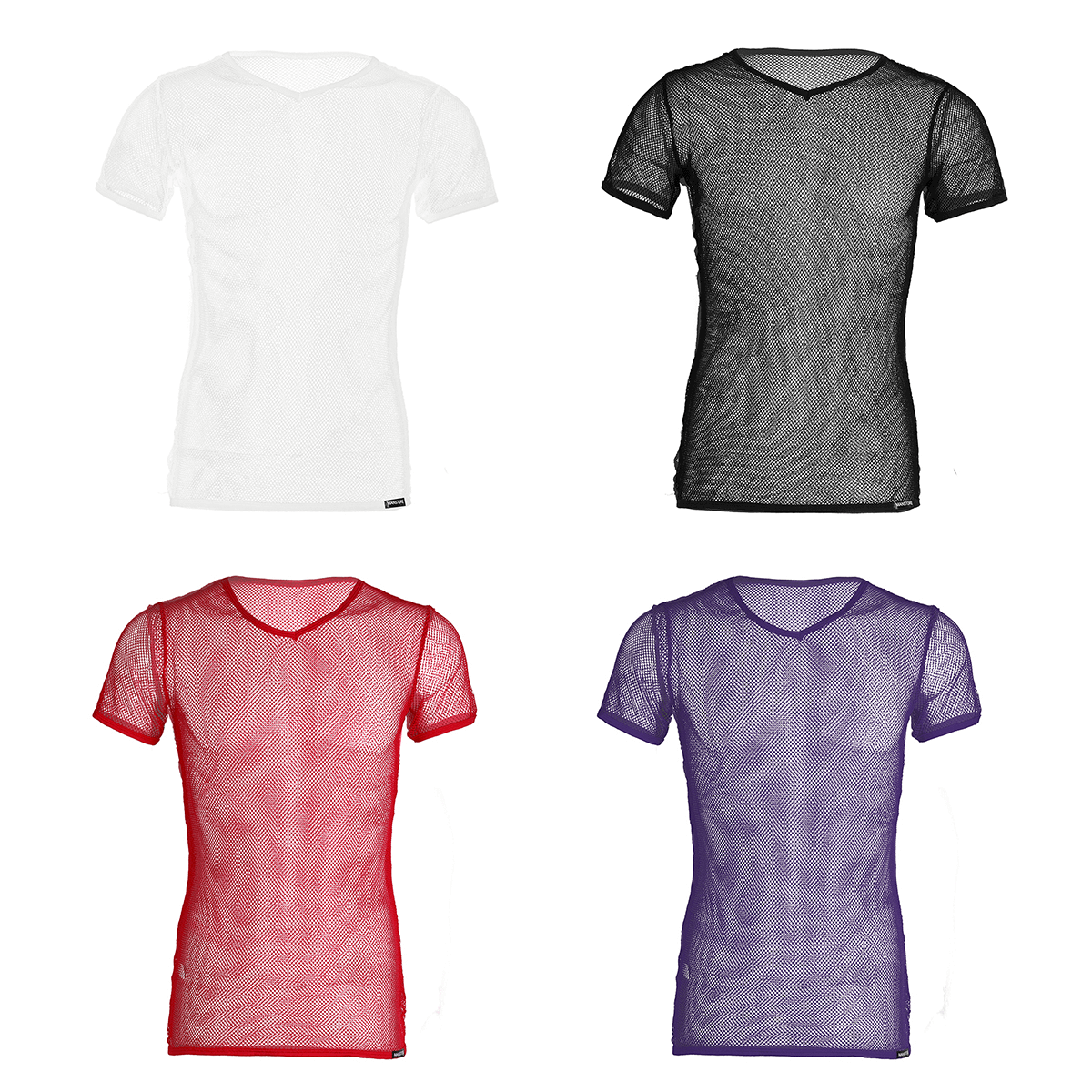 Stylish men's mesh t-shirts in four colors: white, black, red, and purple, perfect for warm weather.
