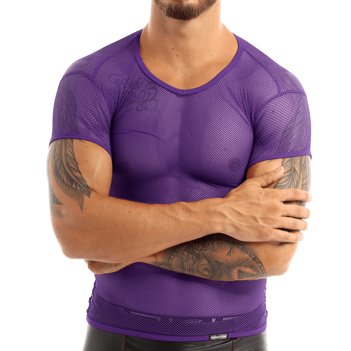 Stylish purple mesh t-shirt for men, perfect for casual wear and hot weather; breathable fishnet design.