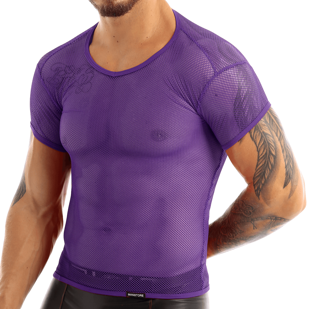 Stylish male model wearing a purple mesh fishnet t-shirt that's breathable and perfect for hot weather.