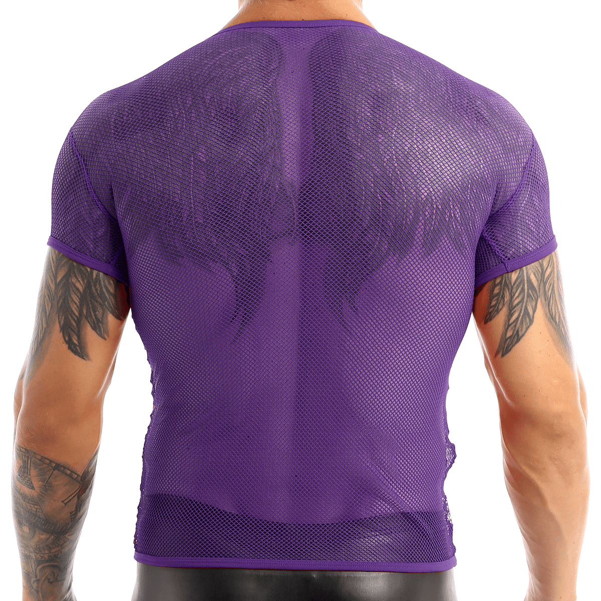 Men's purple mesh t-shirt showcasing breathable fishnet fabric, ideal for hot weather and casual style.