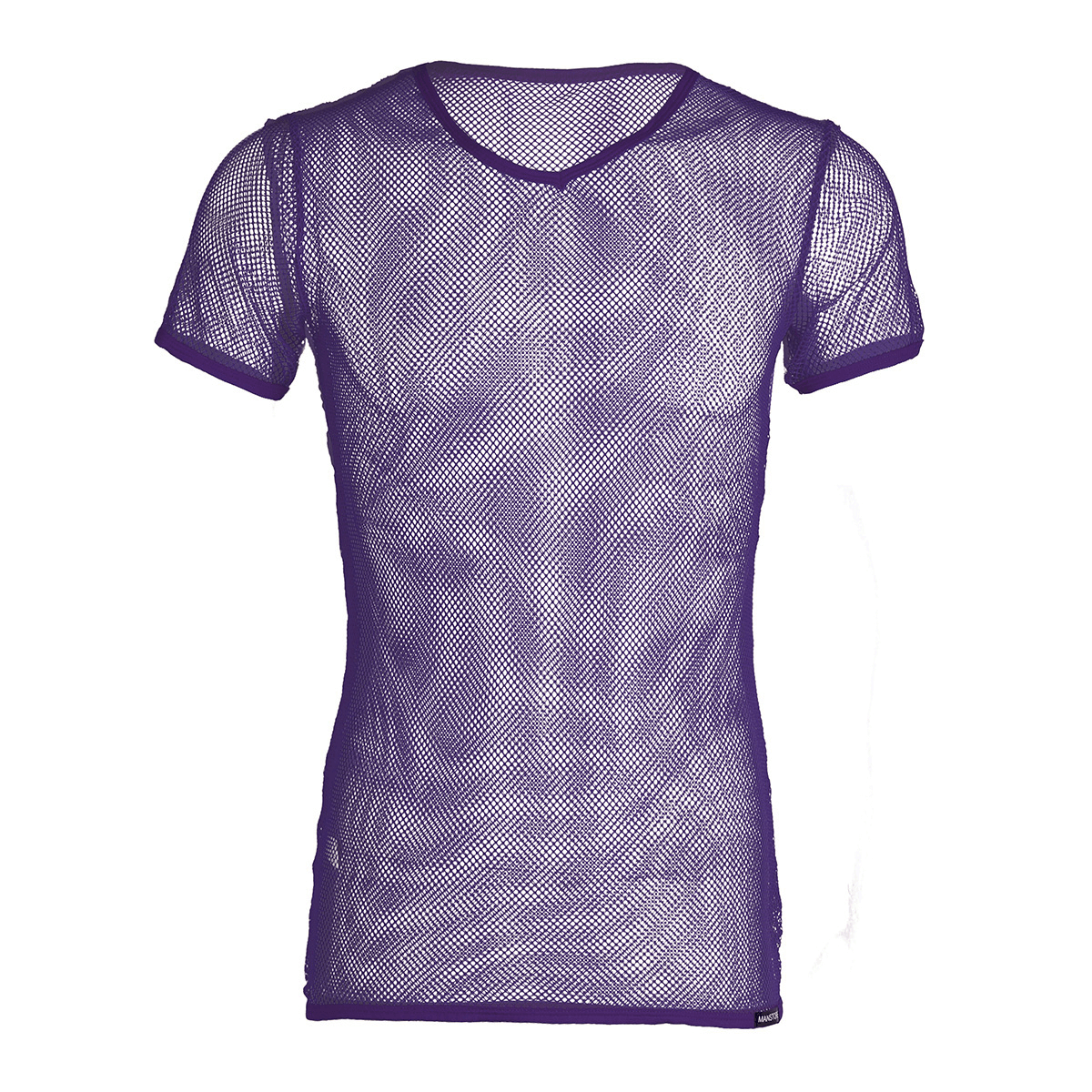 Men's purple mesh see-through fishnet t-shirt, breathable and stylish alternative top for casual wear.