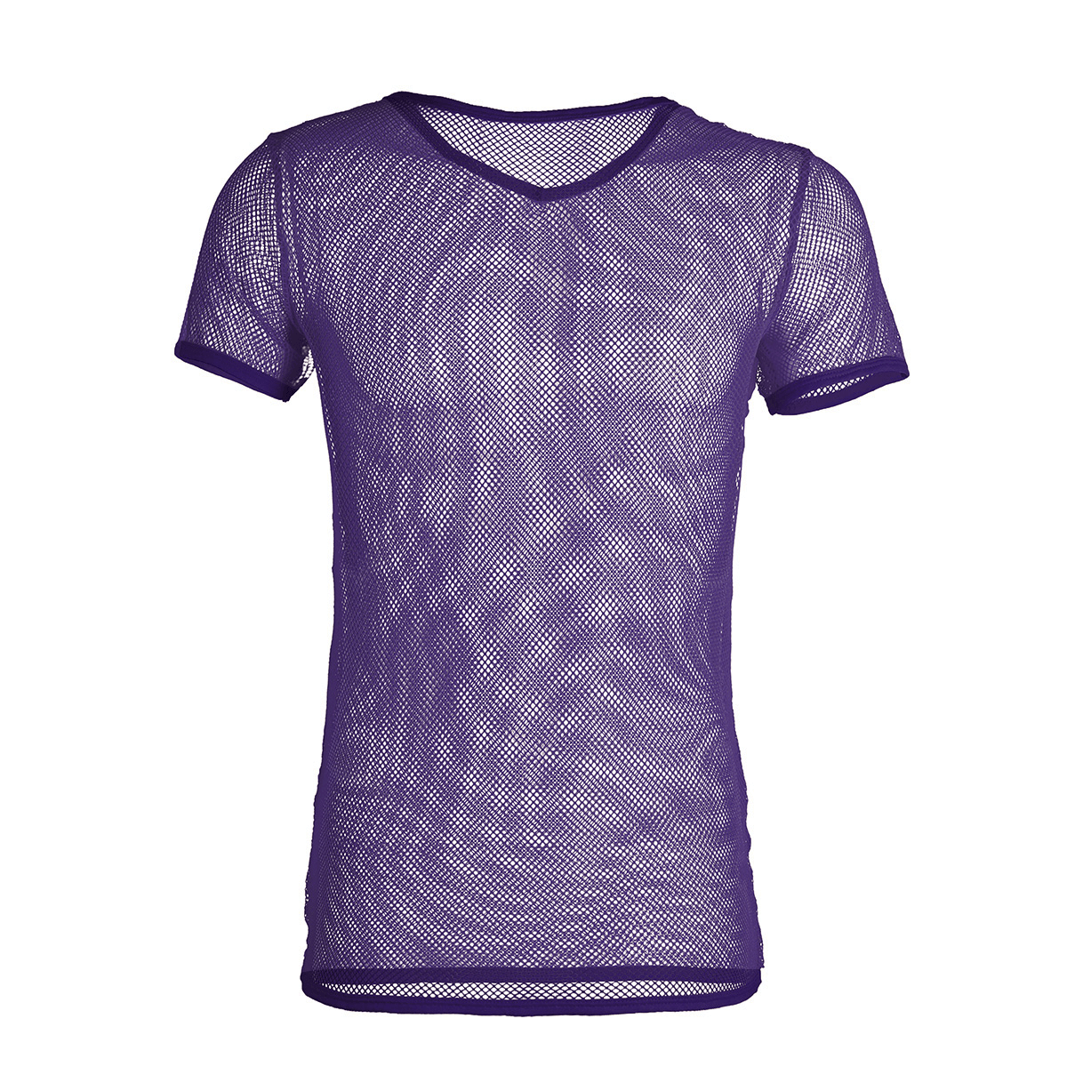 Stylish purple mesh t-shirt for men, perfect for casual wear and hot weather. Breathable fishnet fabric.