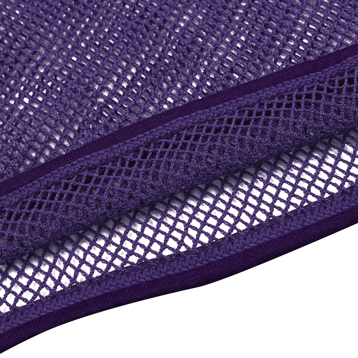 Close-up of purple breathable mesh fabric, ideal for men's casual t-shirt design in fishnet style.
