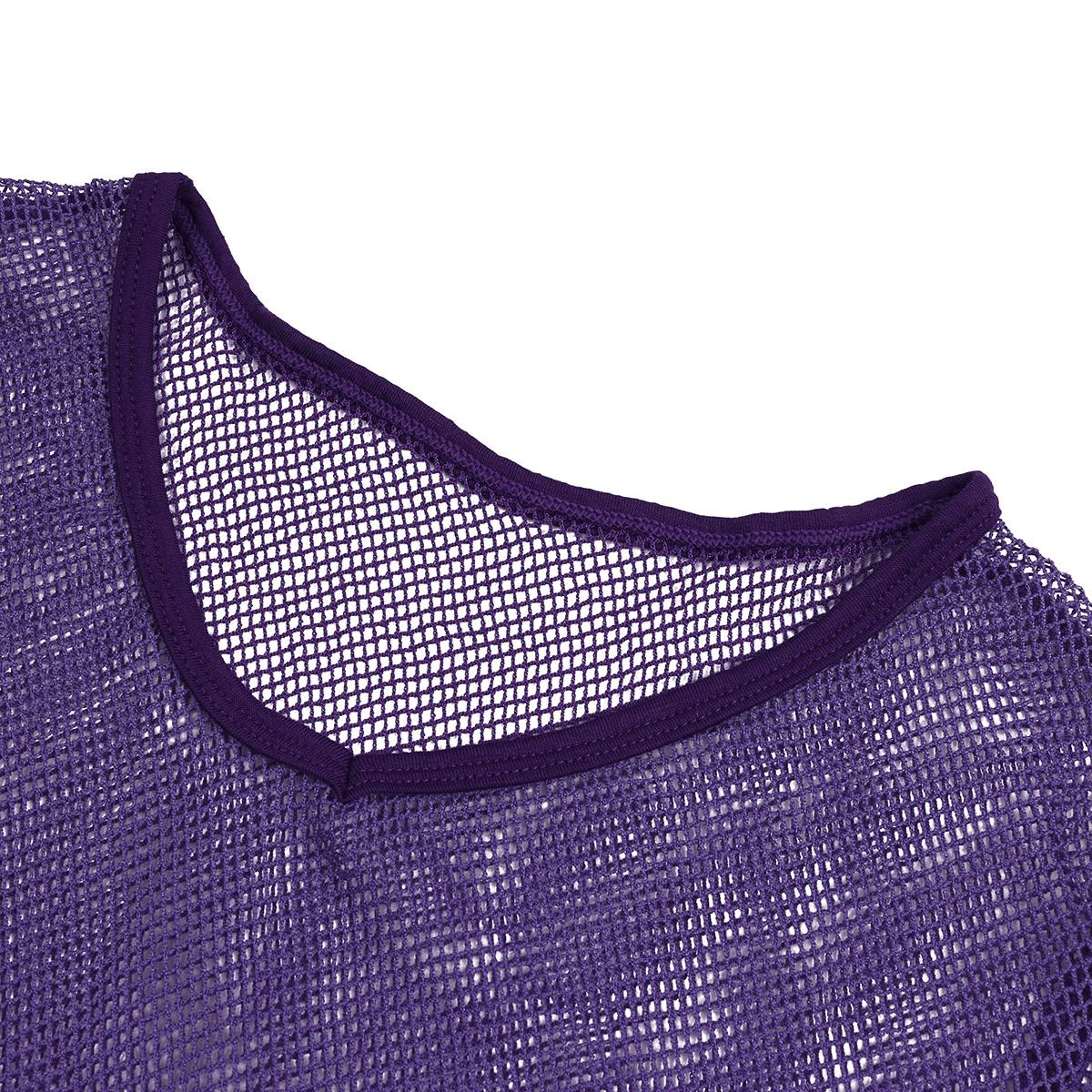 Close-up of a purple mesh t-shirt neckline, highlighting breathable fabric for casual summer wear.