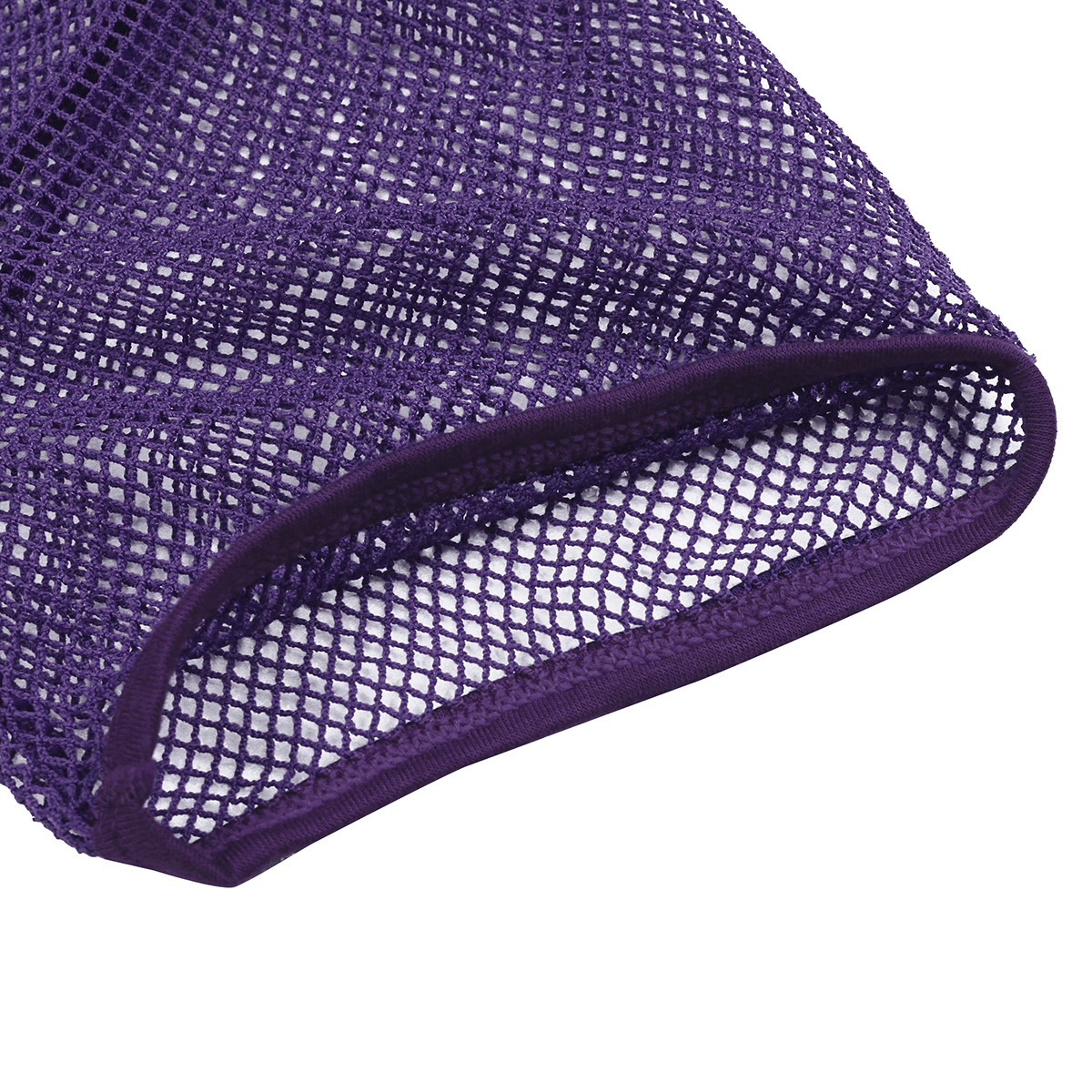 Close-up of the sleeve hem of a purple mesh fishnet t-shirt, showcasing breathable fabric for hot weather.