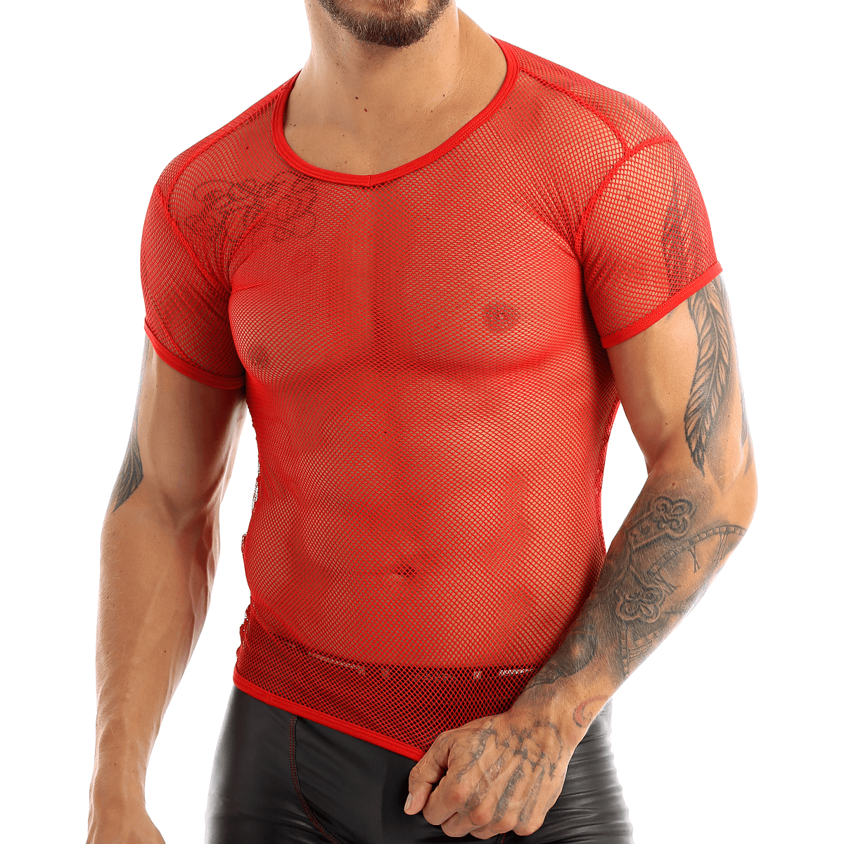 Red mesh t-shirt for men, featuring breathable fishnet fabric and stylish alternative look for casual wear.