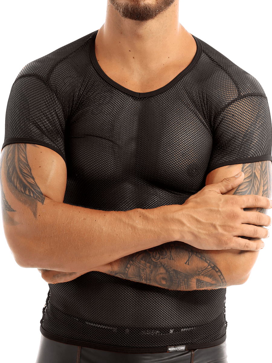 Stylish men's black mesh top for breathable comfort in hot weather. Perfect for casual and alternative fashion.