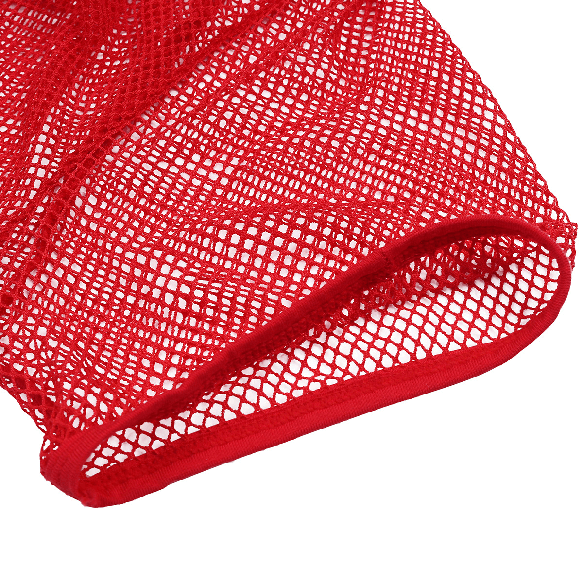 Close-up of a red mesh fabric showing the breathable fishnet texture for a men's casual t-shirt.
