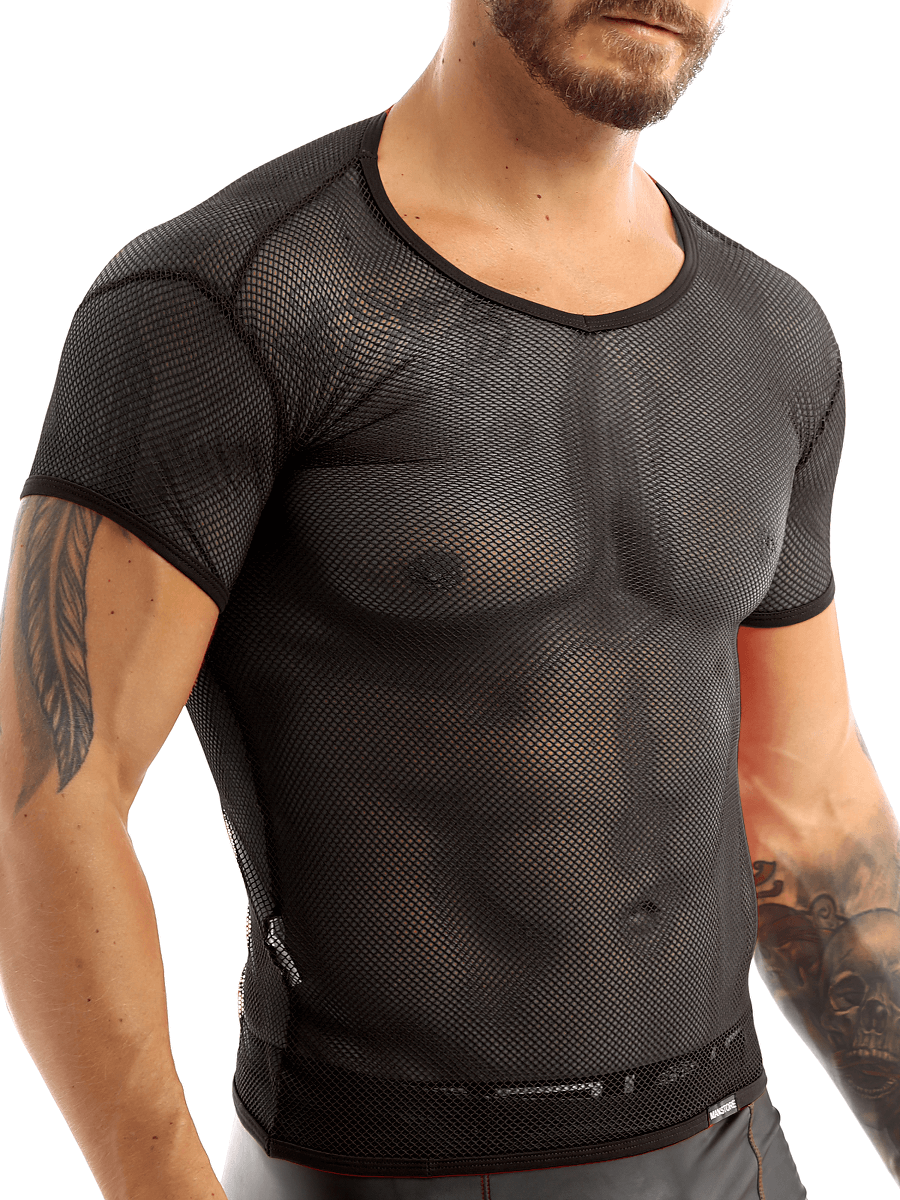 Men's black mesh fishnet t-shirt showcasing breathable style, perfect for casual wear in hot weather.