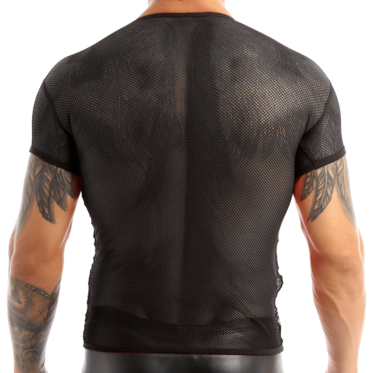 Men's black mesh t-shirt featuring fishnet design for breathable casual wear, ideal for hot weather.