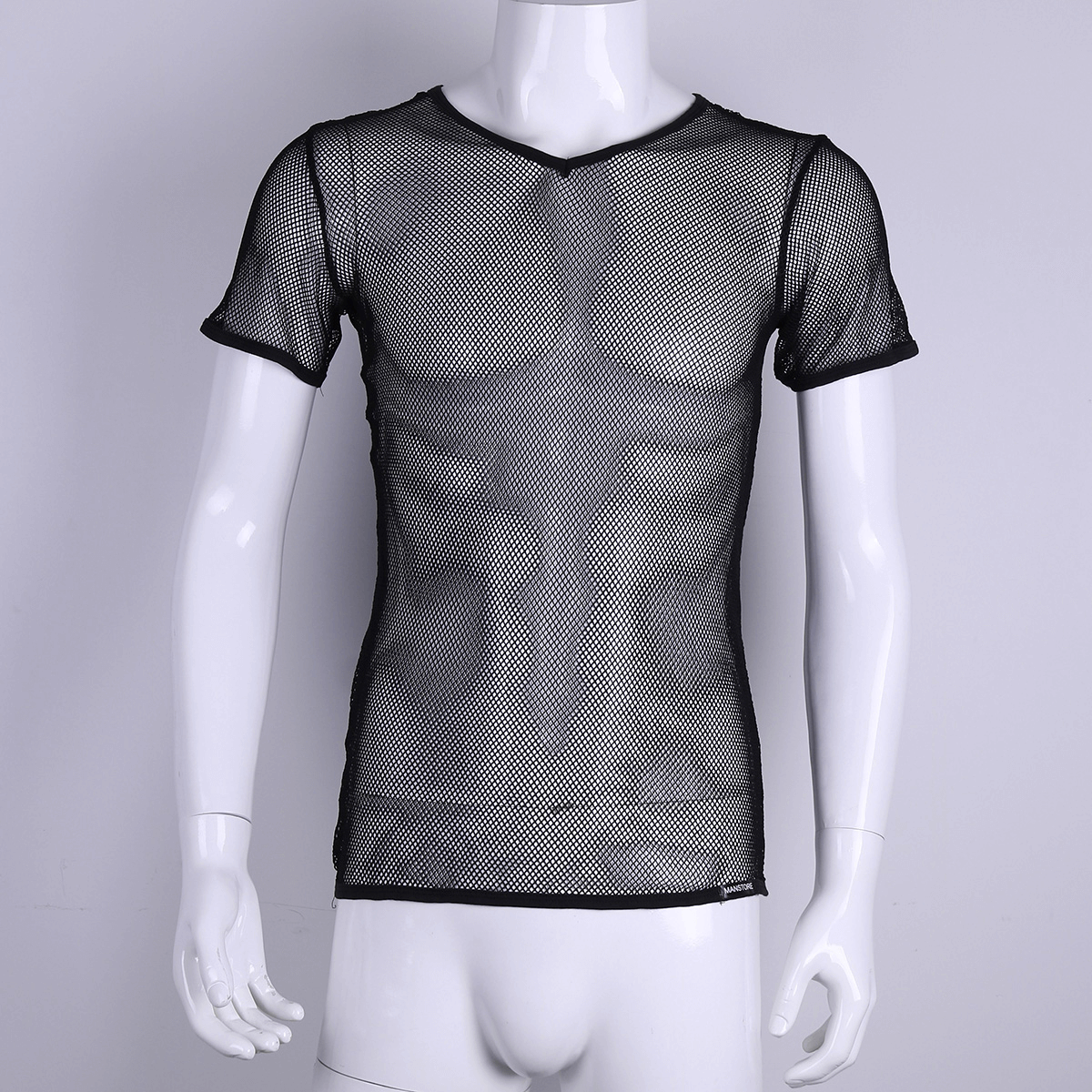 Black mesh t-shirt for men, breathable fishnet vest ideal for casual and hot weather styling.