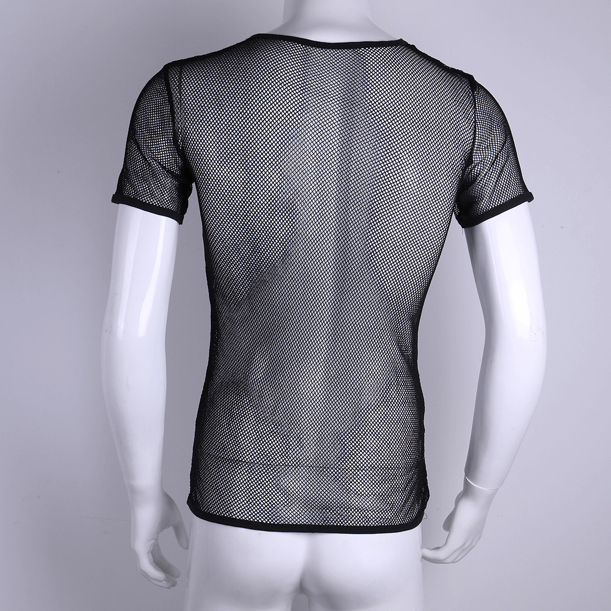Men's mesh see-through fishnet vest t-shirt showcasing breathable style for hot weather, perfect for casual outings.