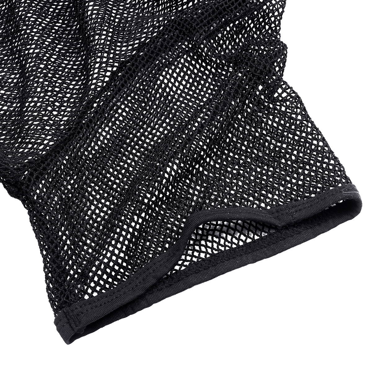 Close-up of a black mesh fabric showing the breathable design of a men's fishnet vest t-shirt.
