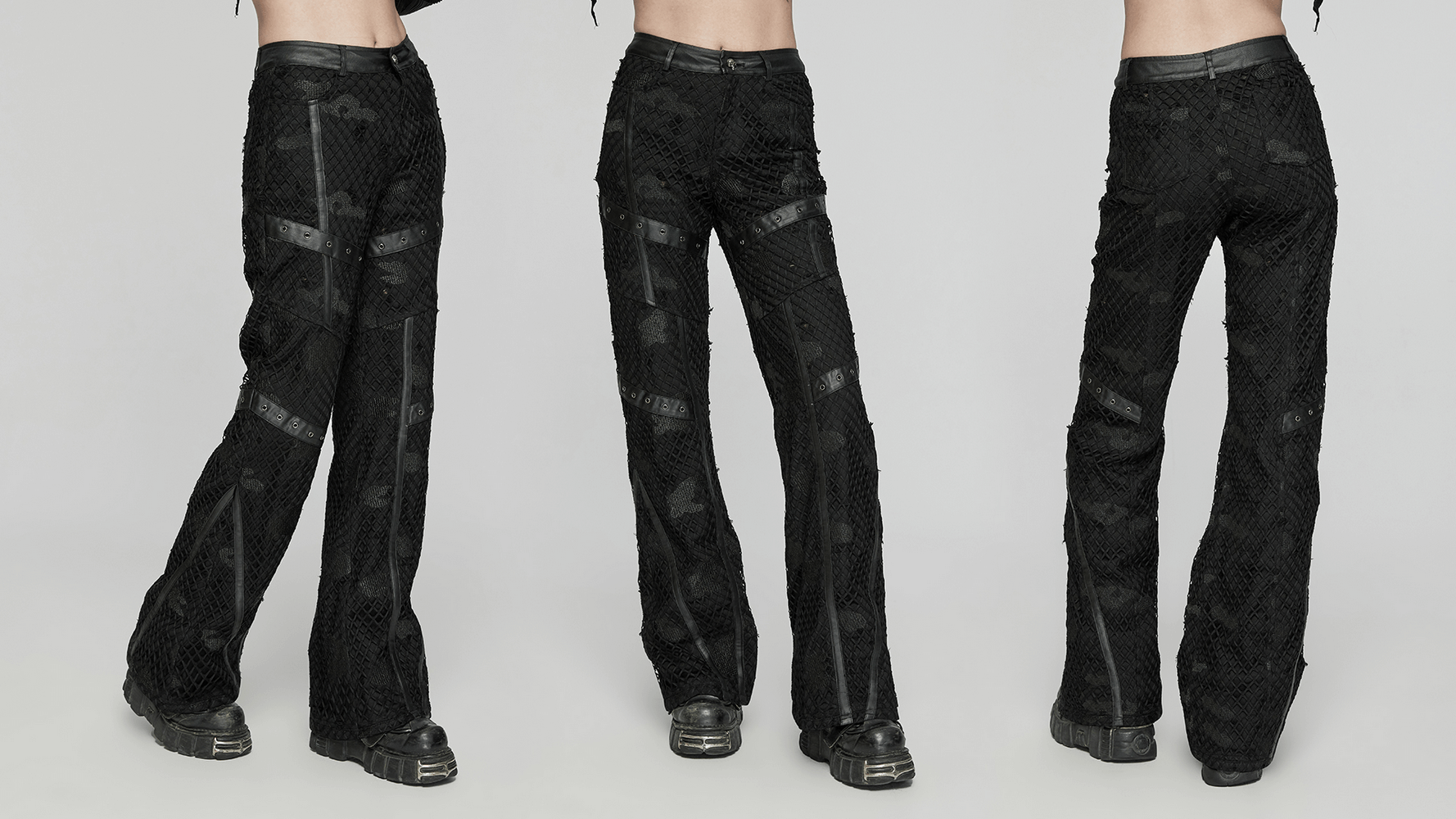 Black mesh twill straight pants with rubberized leather accents, showcasing edgy fashion and unique embroidery details.