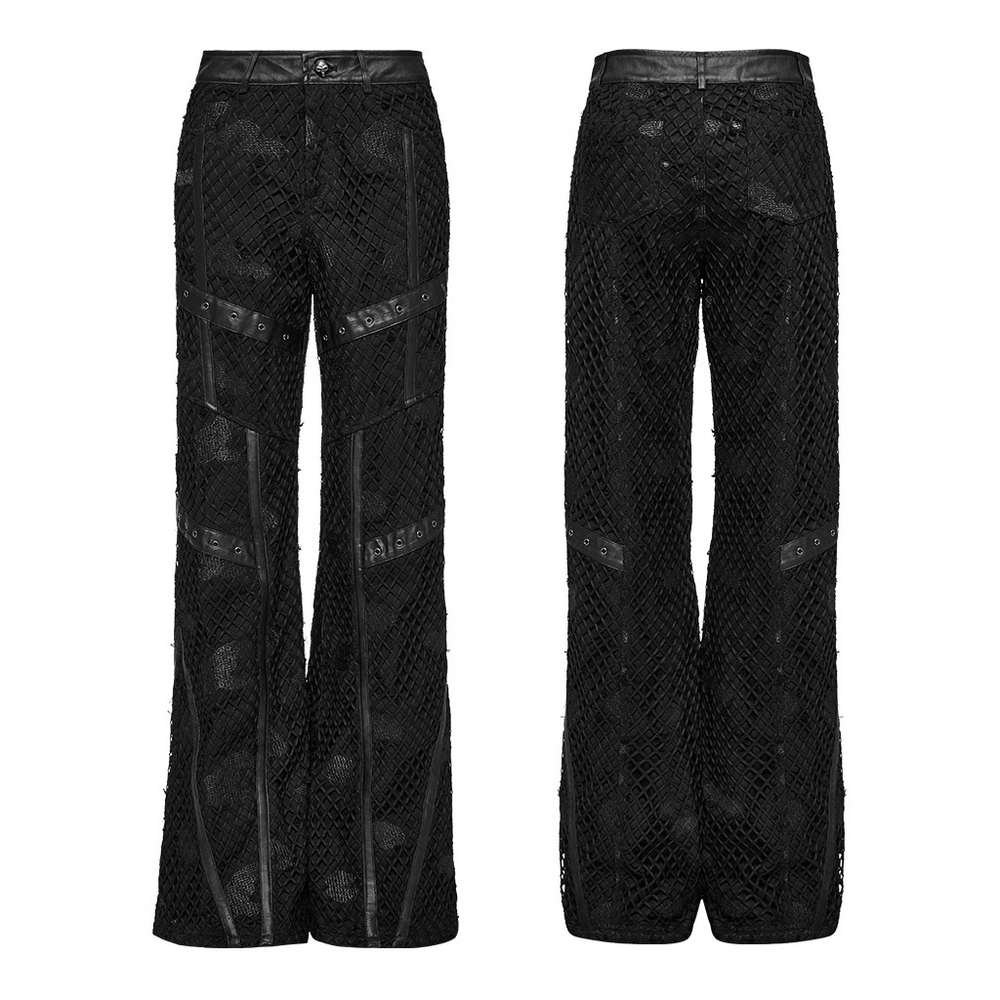 Stylish mesh twill straight-leg denim pants with rubberized leather accents and intricate embroidery.