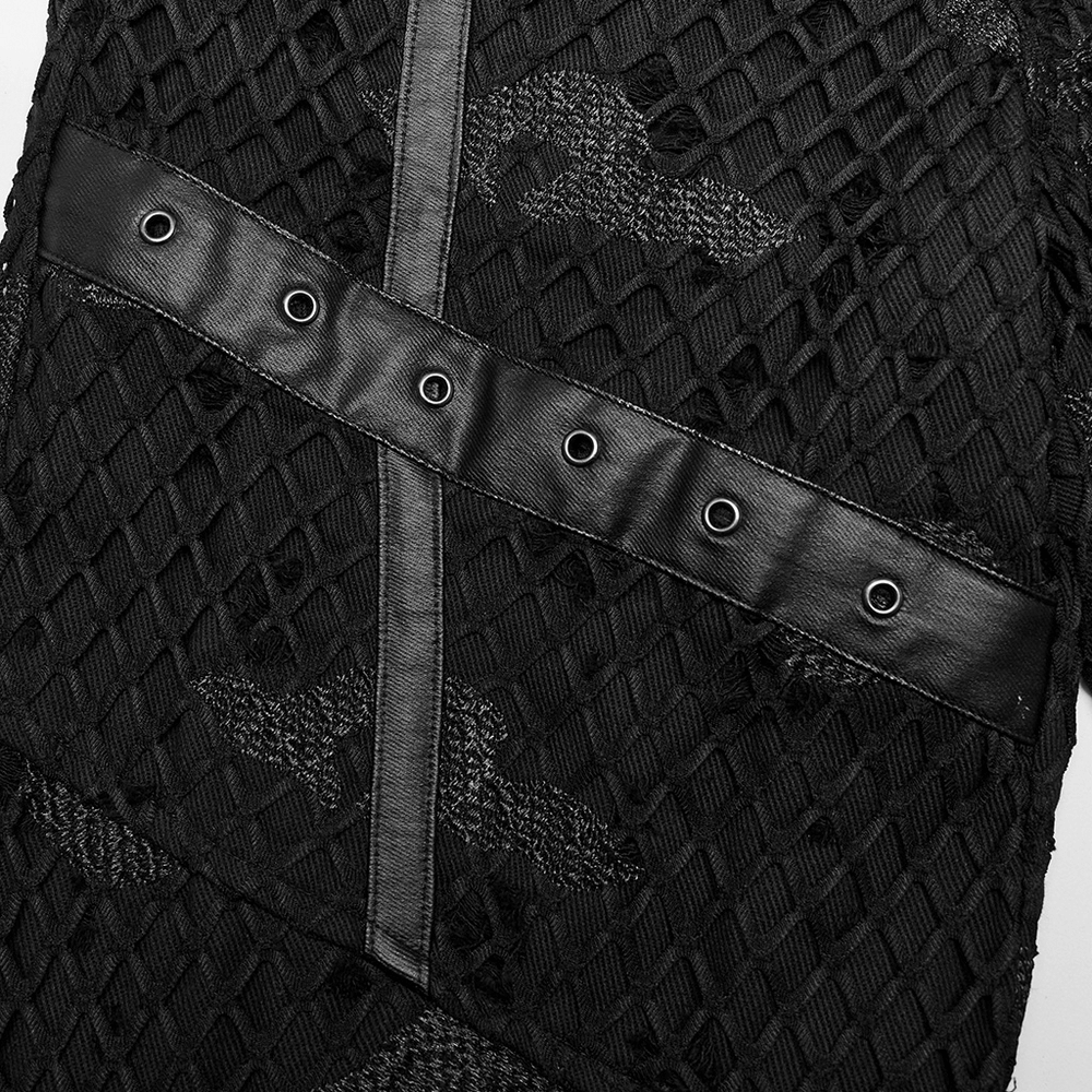 Close-up of mesh twill denim with rubberized leather accents, showcasing unique textures and striking details.